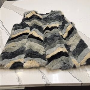 Fever Faux Fur Vest in Black and Gray Chevron Pattern Fun Piece